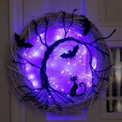 Spooky Black Cat Glowing Wreath