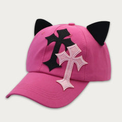 Black gothic baseball cap with 3D cat ears and punk cross embroidery, styled with fishnet gloves for Visual Kei outfit