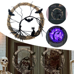 Spooky Black Cat Glowing Wreath