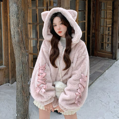 Fluffy Cat Ear Hood Zip Jacket with Ribbon Sleeves in pink, product photo