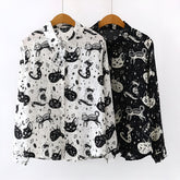 Slim Cut Chiffon Cat Print Shirt
