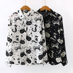 Slim Cut Chiffon Cat Print Shirt