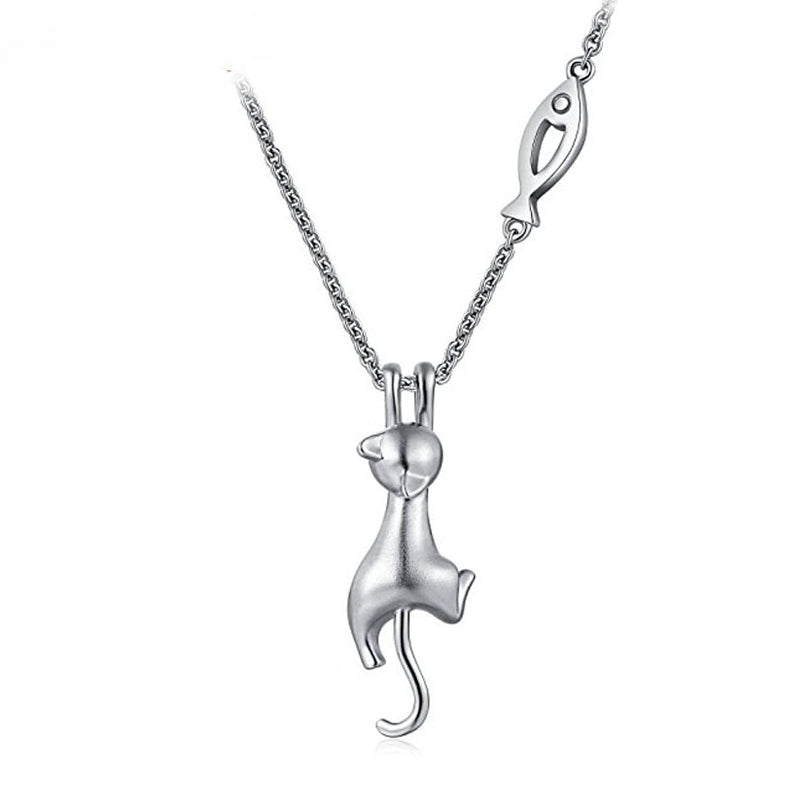 Kitten Catch Fish Necklace [925 Sterling Silver]