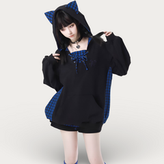 Jirai Kei Cat Ear Suit Blue Plaid