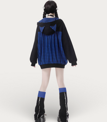 Jirai Kei Cat Ear Suit Blue Plaid