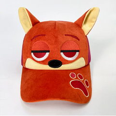 Plush fox baseball cap with embroidered eyes, nose, paw print, and 3D fox ears in soft velvety fabric.
