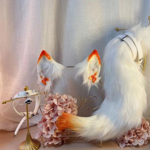 Handmade White-Orange Furry Ears and Tail Set