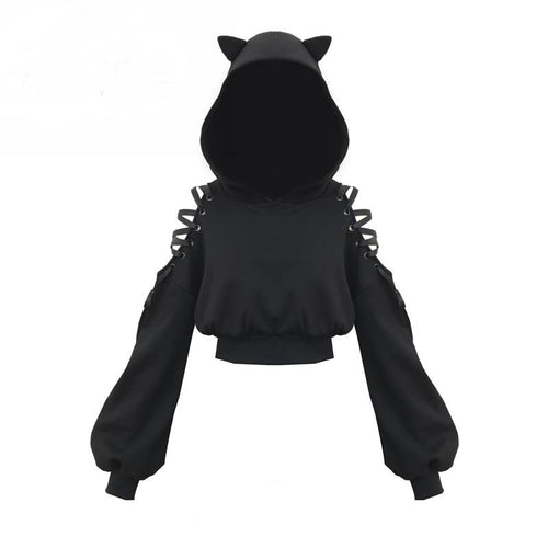 Playful Meow - Kawaii Gothic Black Cat Lace Up Hoodie (Plus size available)- Review