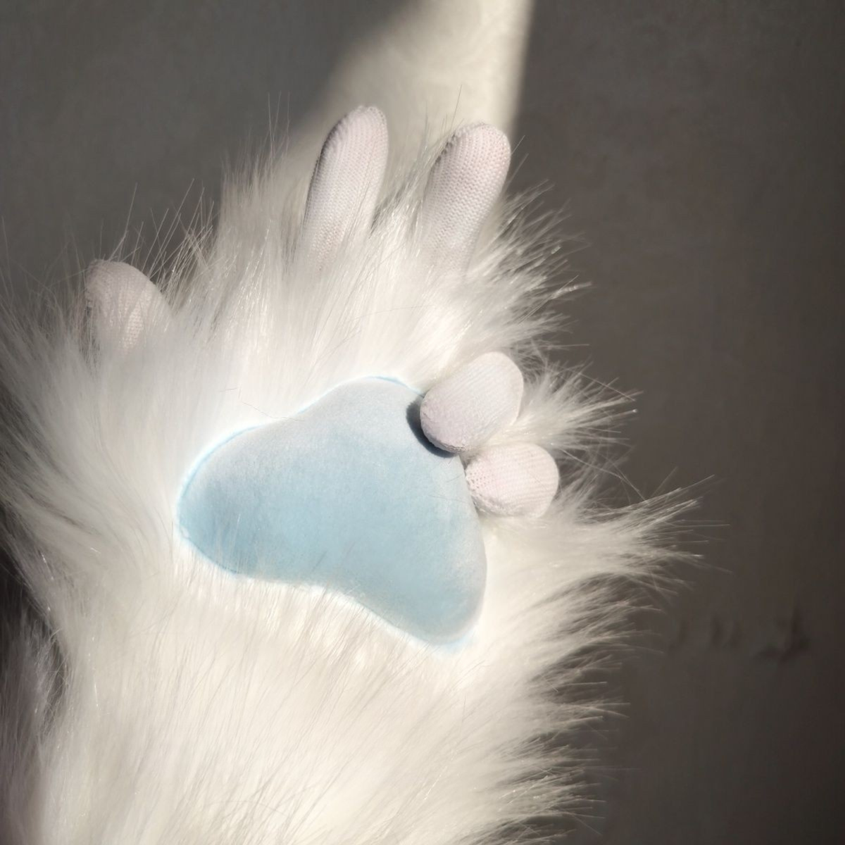 Close-up of a cat's paw with a blue paw pad on a gray background