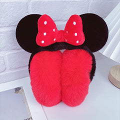 Fluffy plush ear muffs with red bow, soft black band, and cozy red ear covers – cute winter accessory for kids and teens