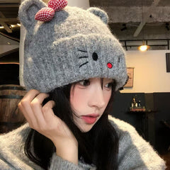 Cute Kitty With Bow Knitted Beanie