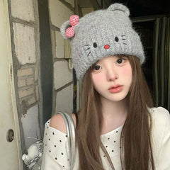 Cute Kitty With Bow Knitted Beanie