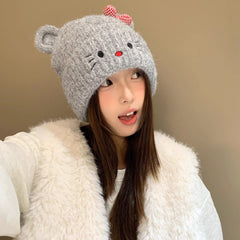 Cute Kitty With Bow Knitted Beanie