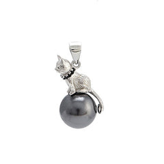 Luxurious Cat On Black Pearl Necklace [925 Sterling Silver]