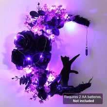 Load image into Gallery viewer, Gothic Romance Light Up Halloween Wreath with Black Cat &amp; Moon
