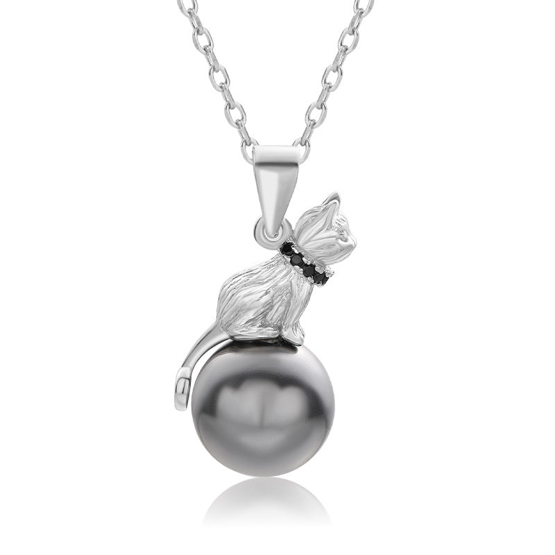 Luxurious Cat On Black Pearl Necklace [925 Sterling Silver]