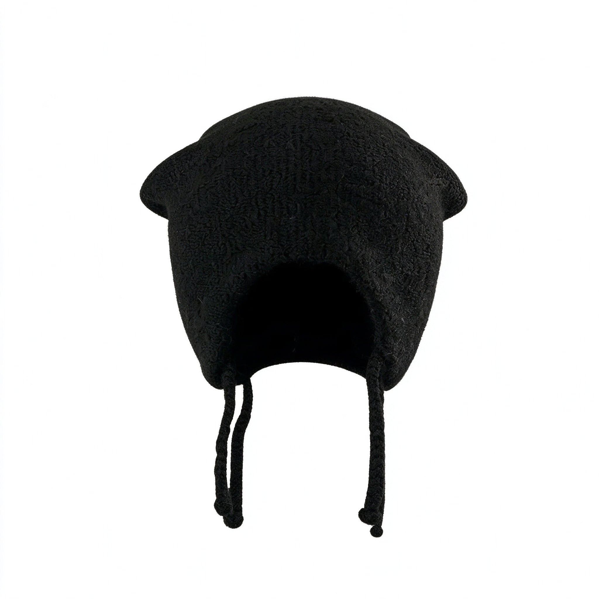 Black fuzzy knit cat ear beanie with braided ties