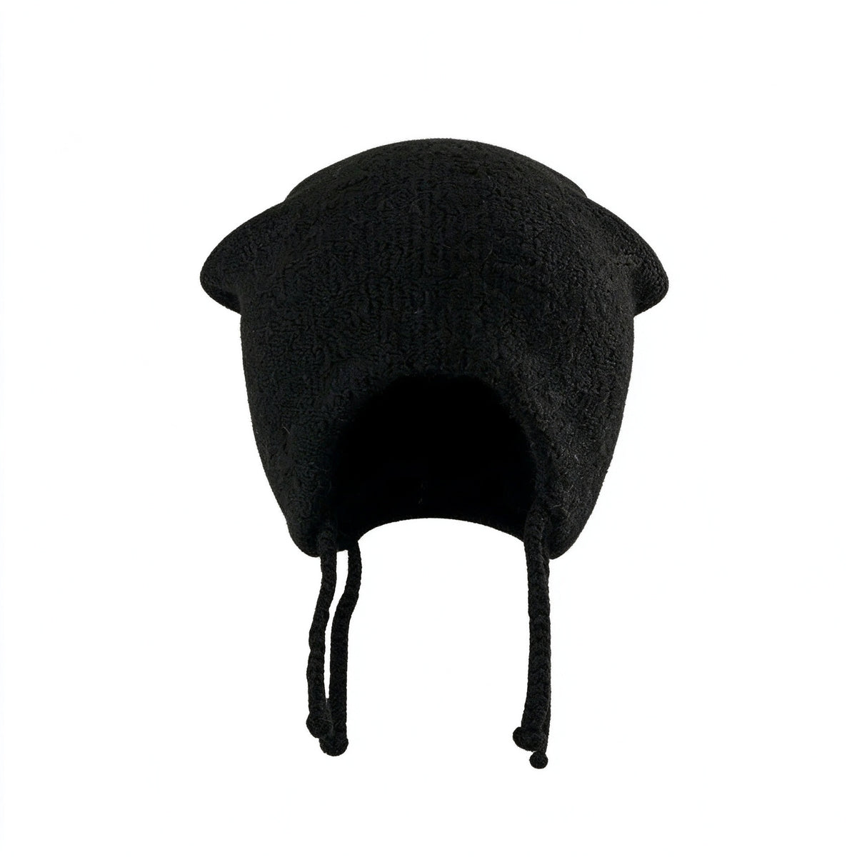 Black fuzzy knit cat ear beanie with braided ties