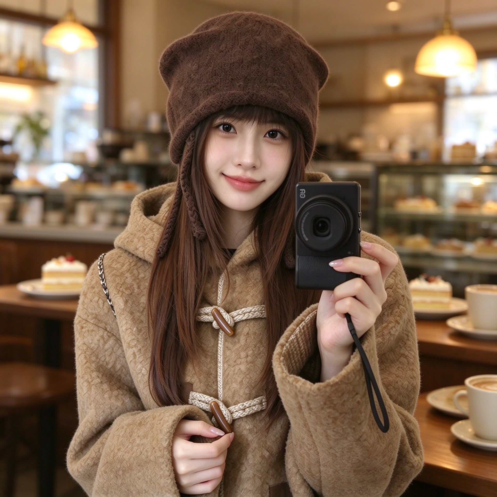 Coffee cat ear beanie worn with a duffle coat in a cafe