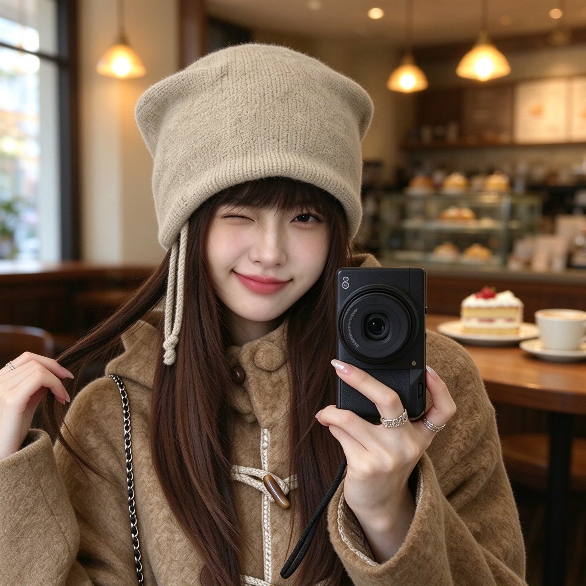 Khaki cat ear beanie with braided ties worn in a cafe