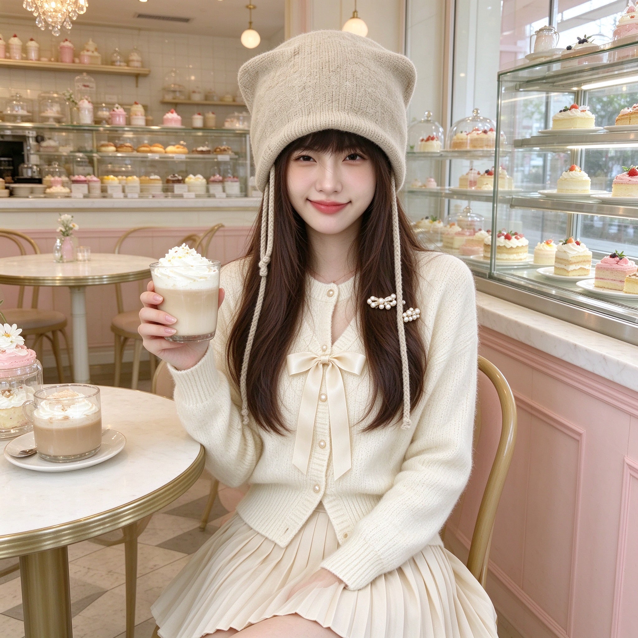 Soft girl outfit with the khaki cat ear beanie in a pastel dessert cafe