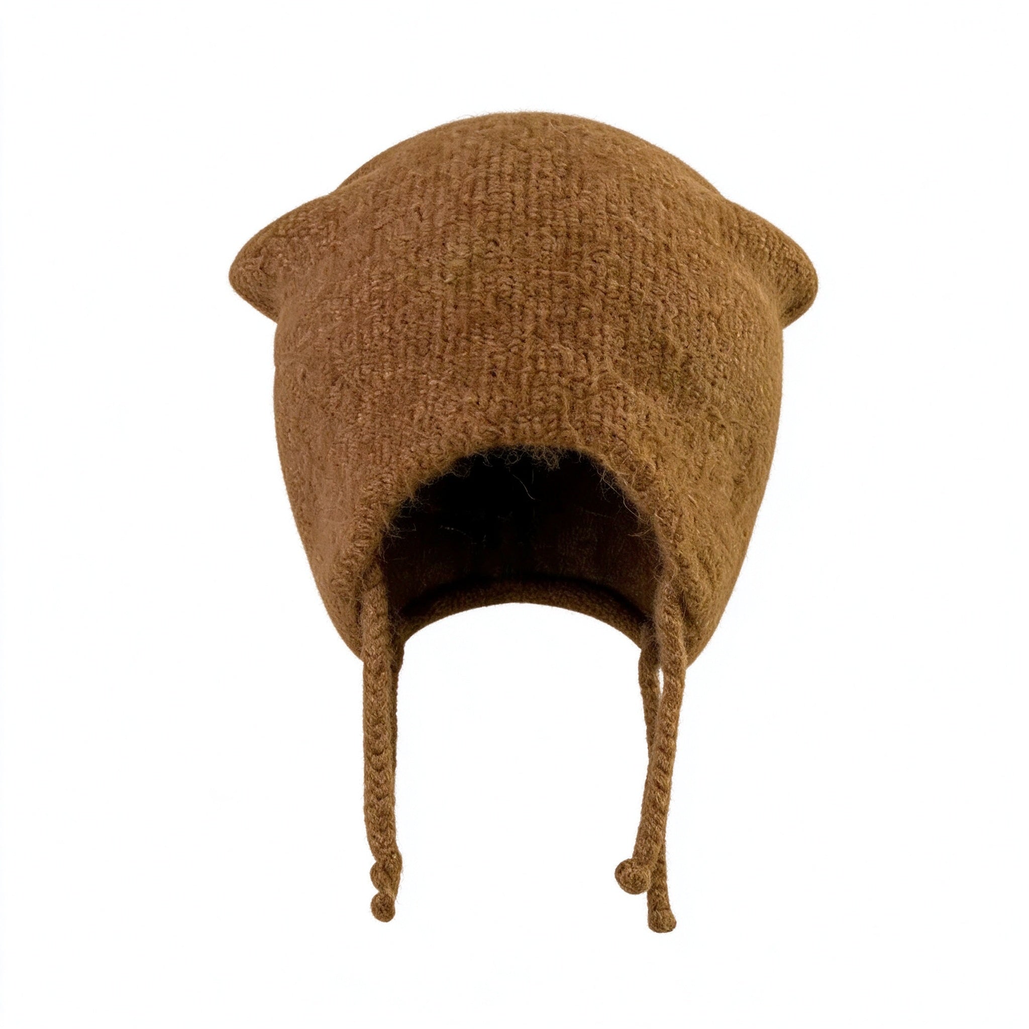 Caramel fuzzy knit cat ear beanie with braided ties