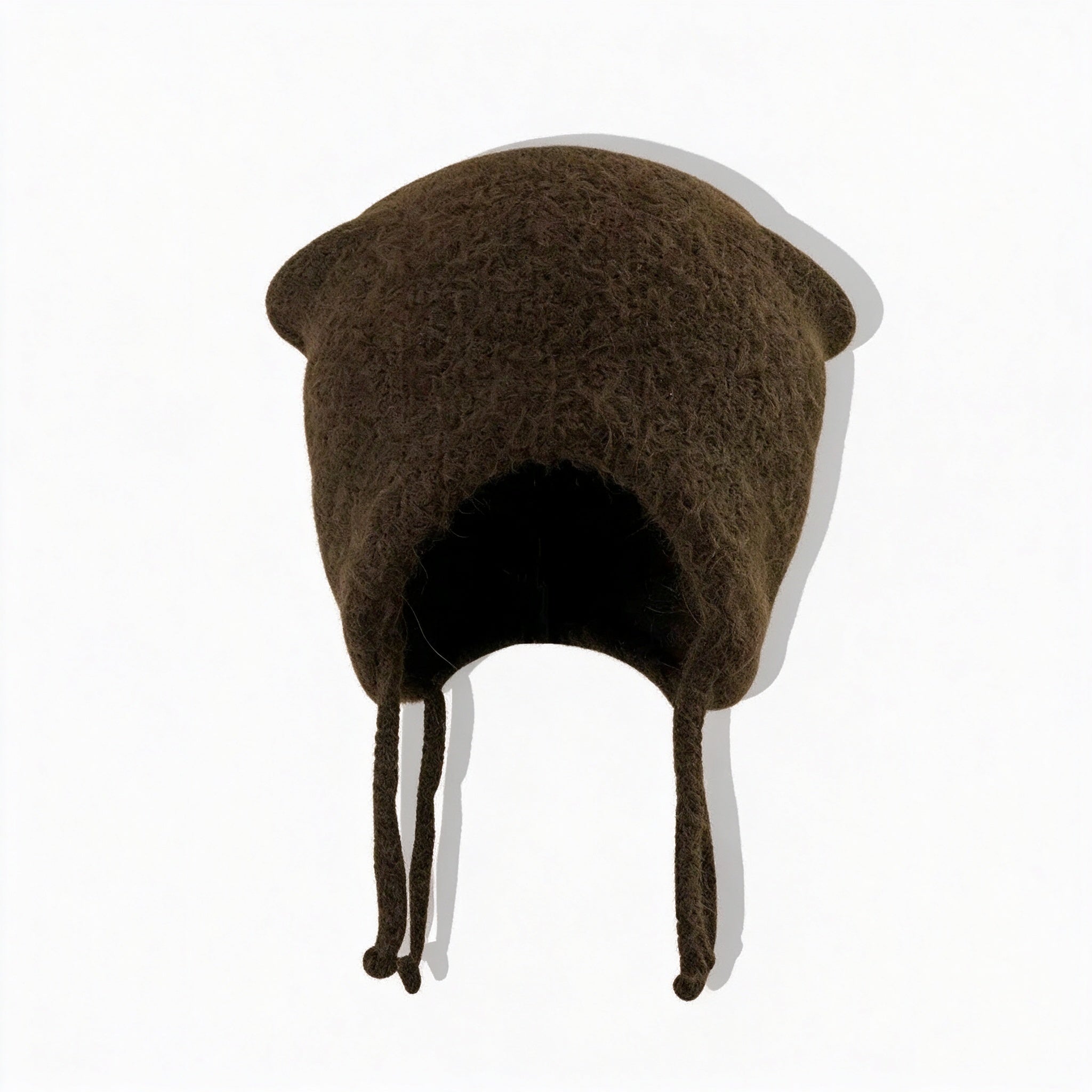 Coffee fuzzy knit cat ear beanie with braided ties