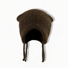 Coffee fuzzy knit cat ear beanie with braided ties