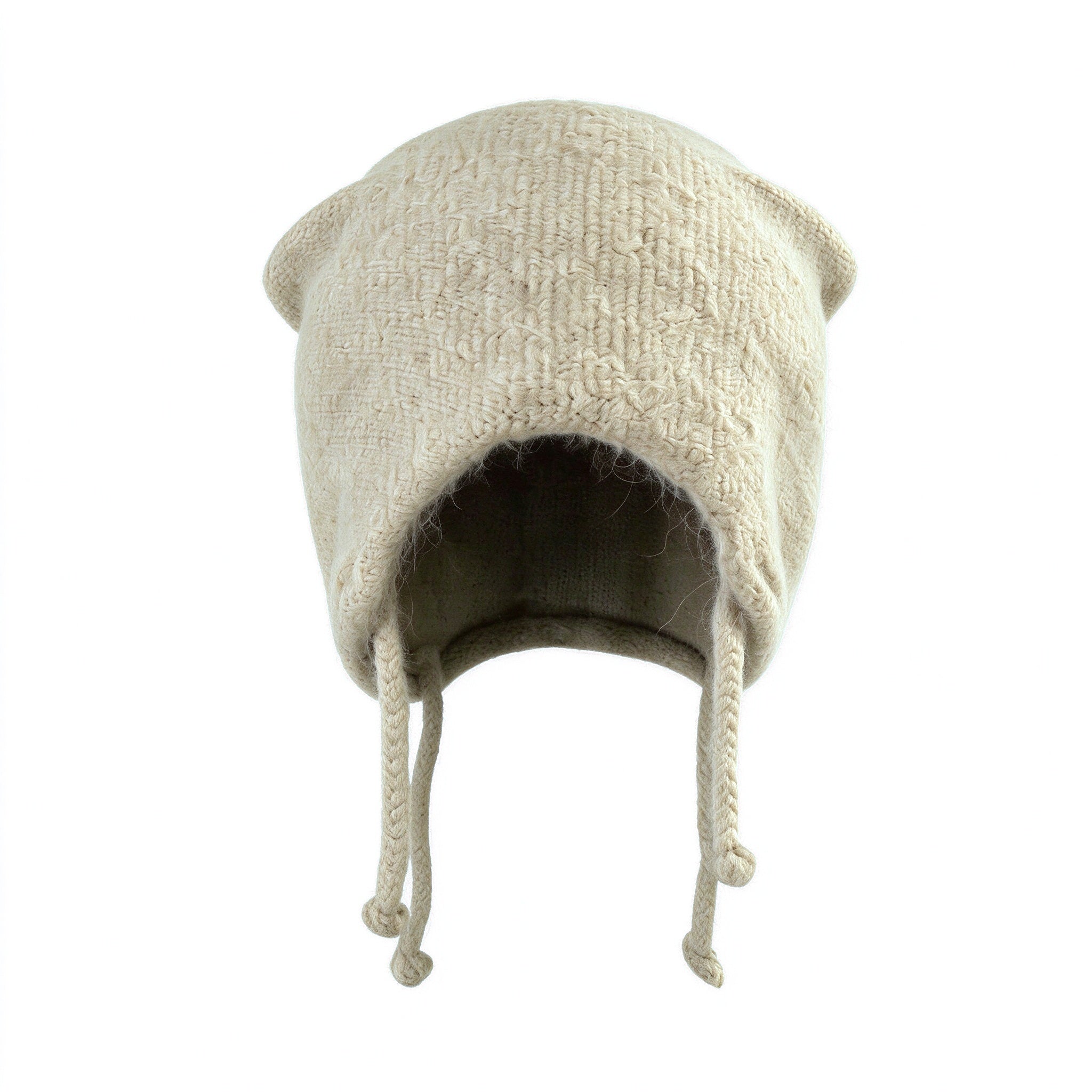 Khaki fuzzy knit cat ear beanie with braided ties
