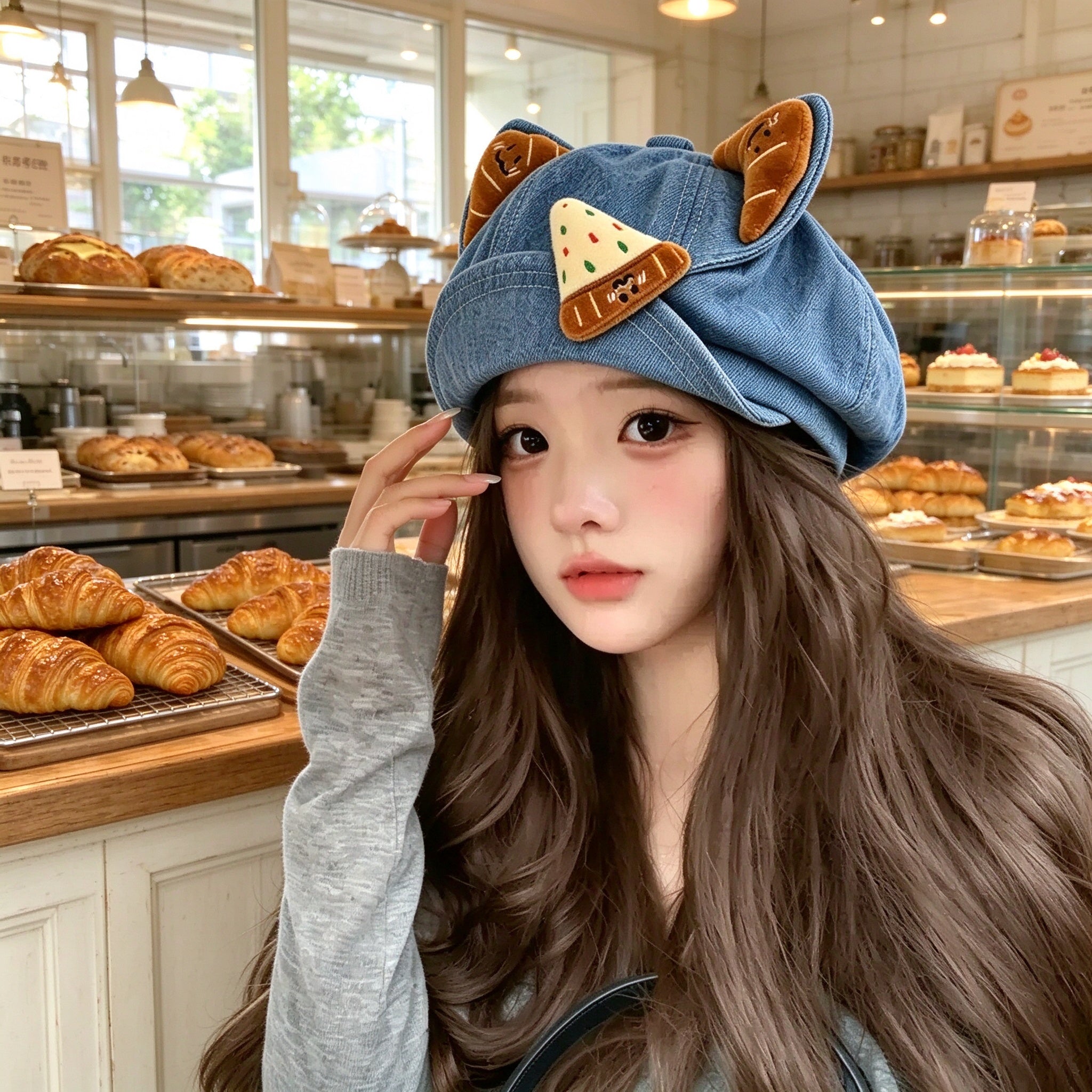 Light Blue croissant cat ear beret worn in a cafe