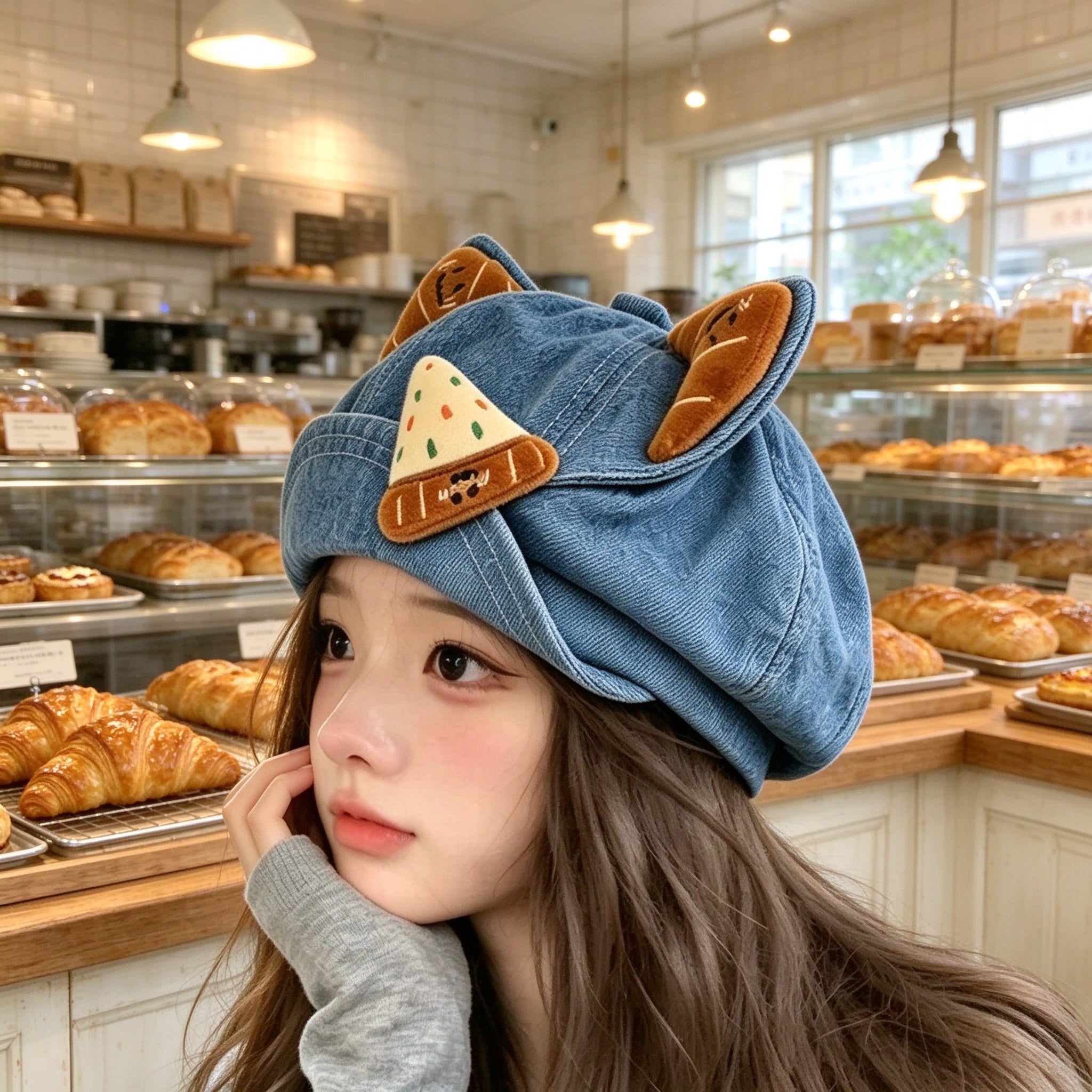 Light Blue denim cat ear beret with pizza patch styled in a cafe