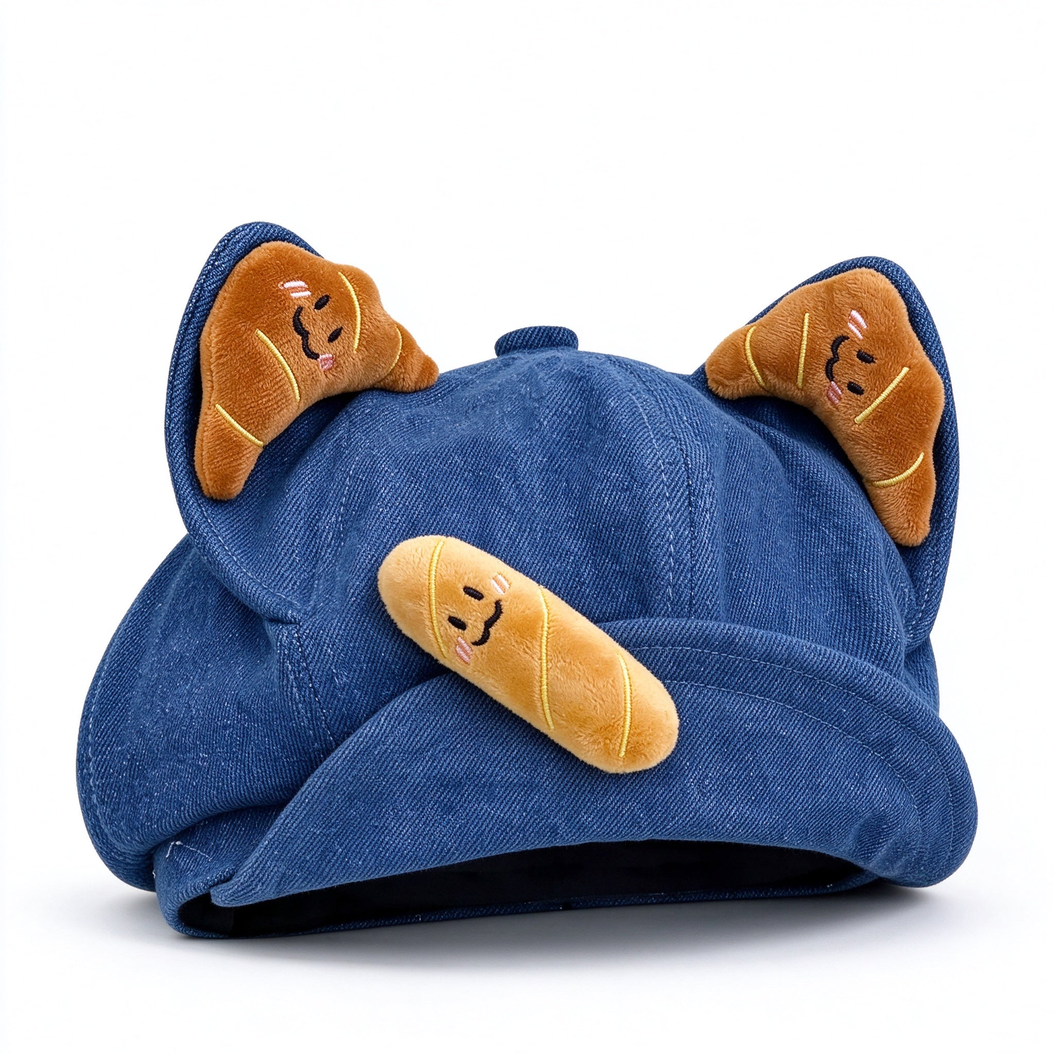 Dark Blue denim cat ear beret with plush croissant ears and baguette patch