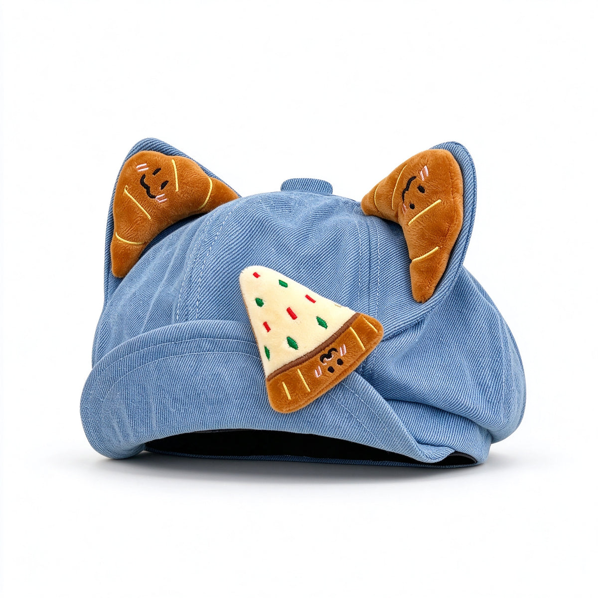 Light Blue denim cat ear beret with plush croissant ears and pizza slice patch