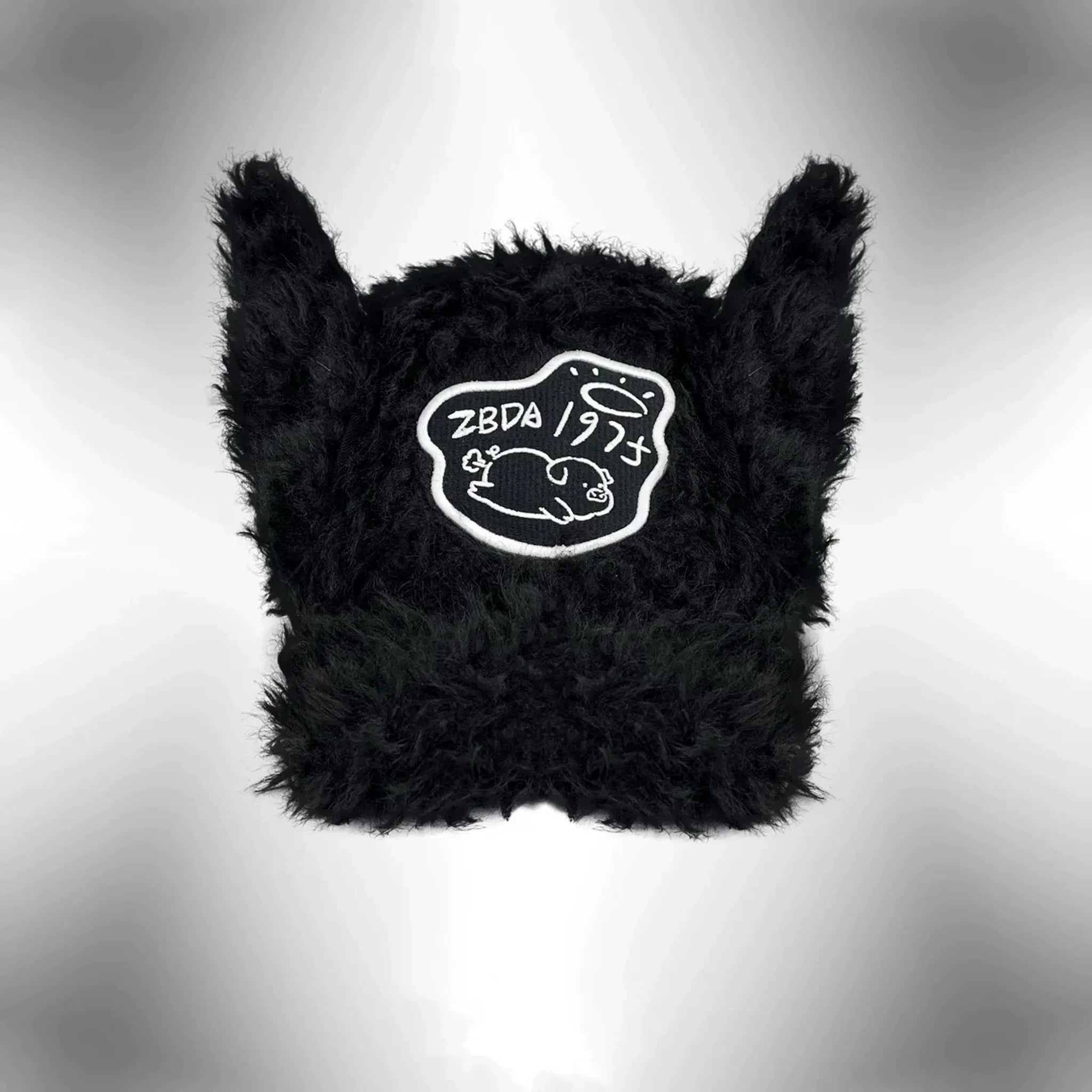 Black fuzzy plush baseball cap with tall cat ears