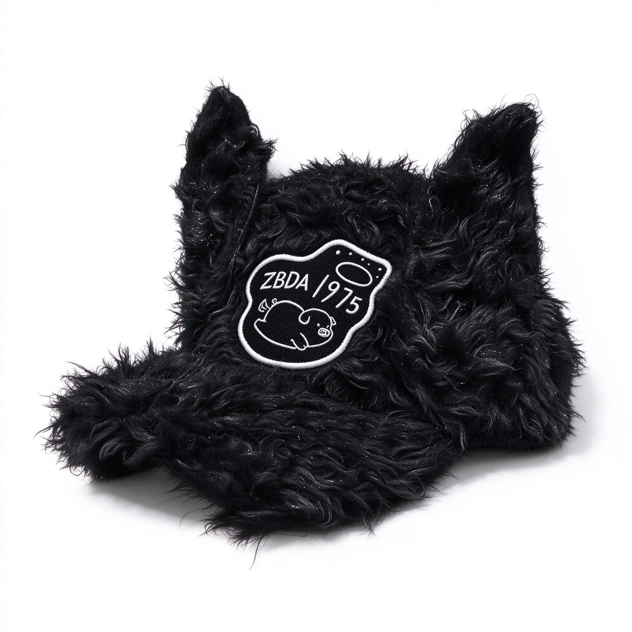 Black fuzzy plush baseball cap with tall cat ears, front view