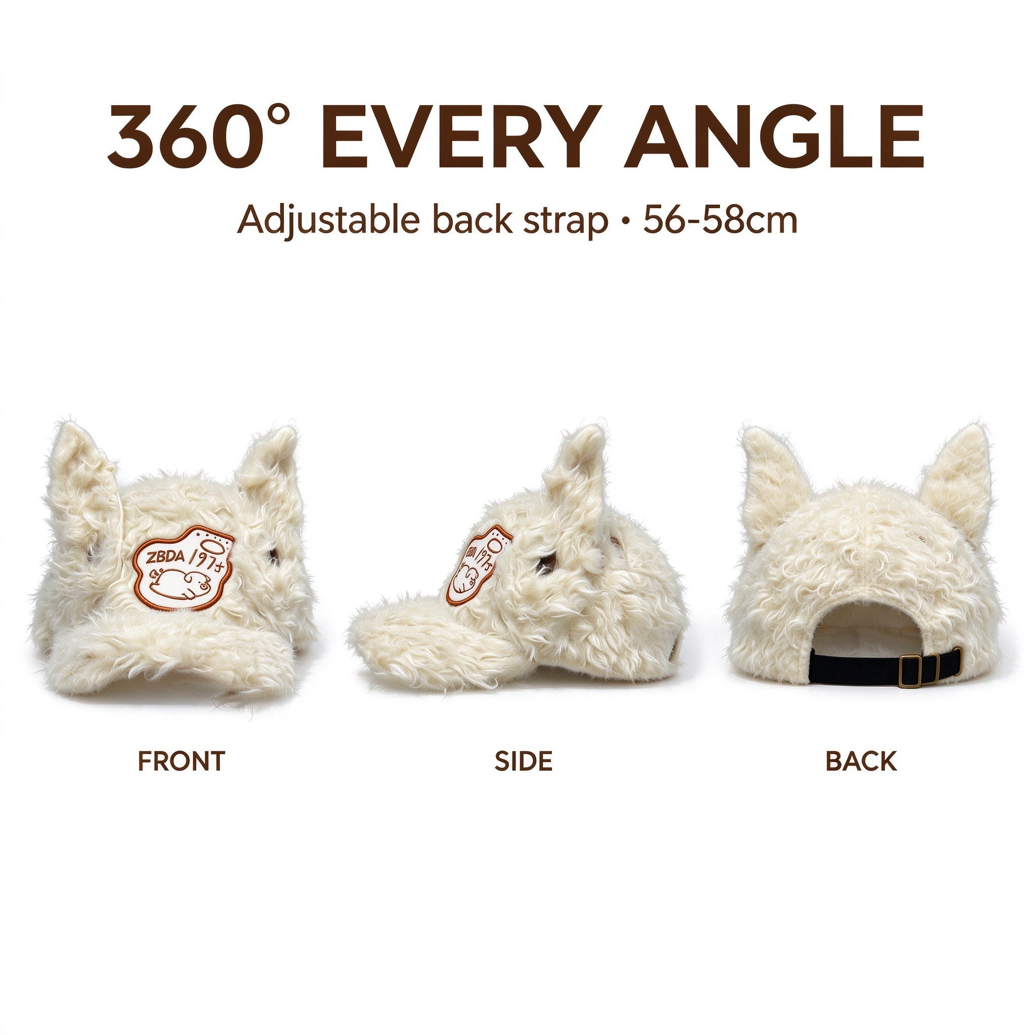 Fuzzy cat ear cap from front, side and back