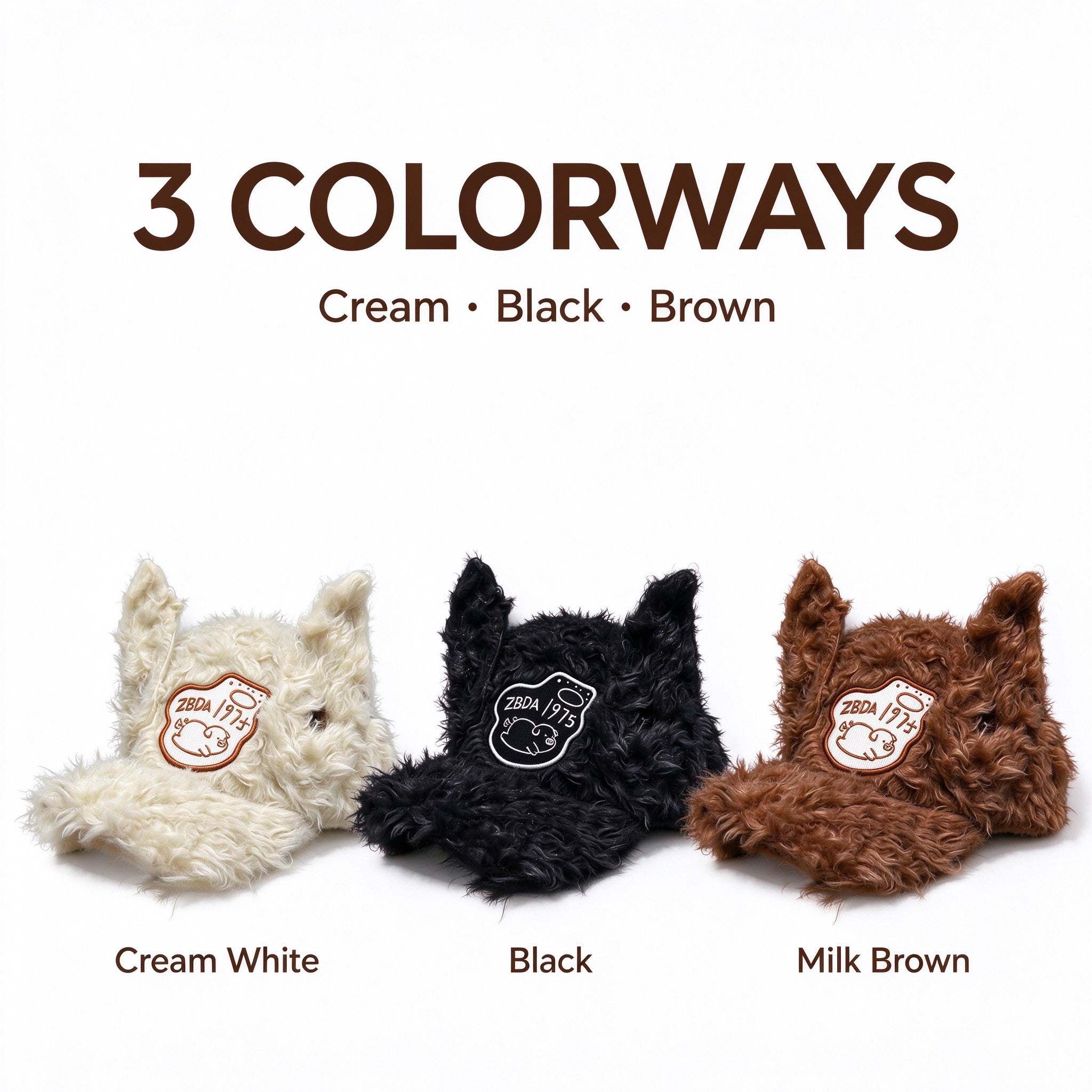 Fuzzy cat ear cap in cream, black and brown