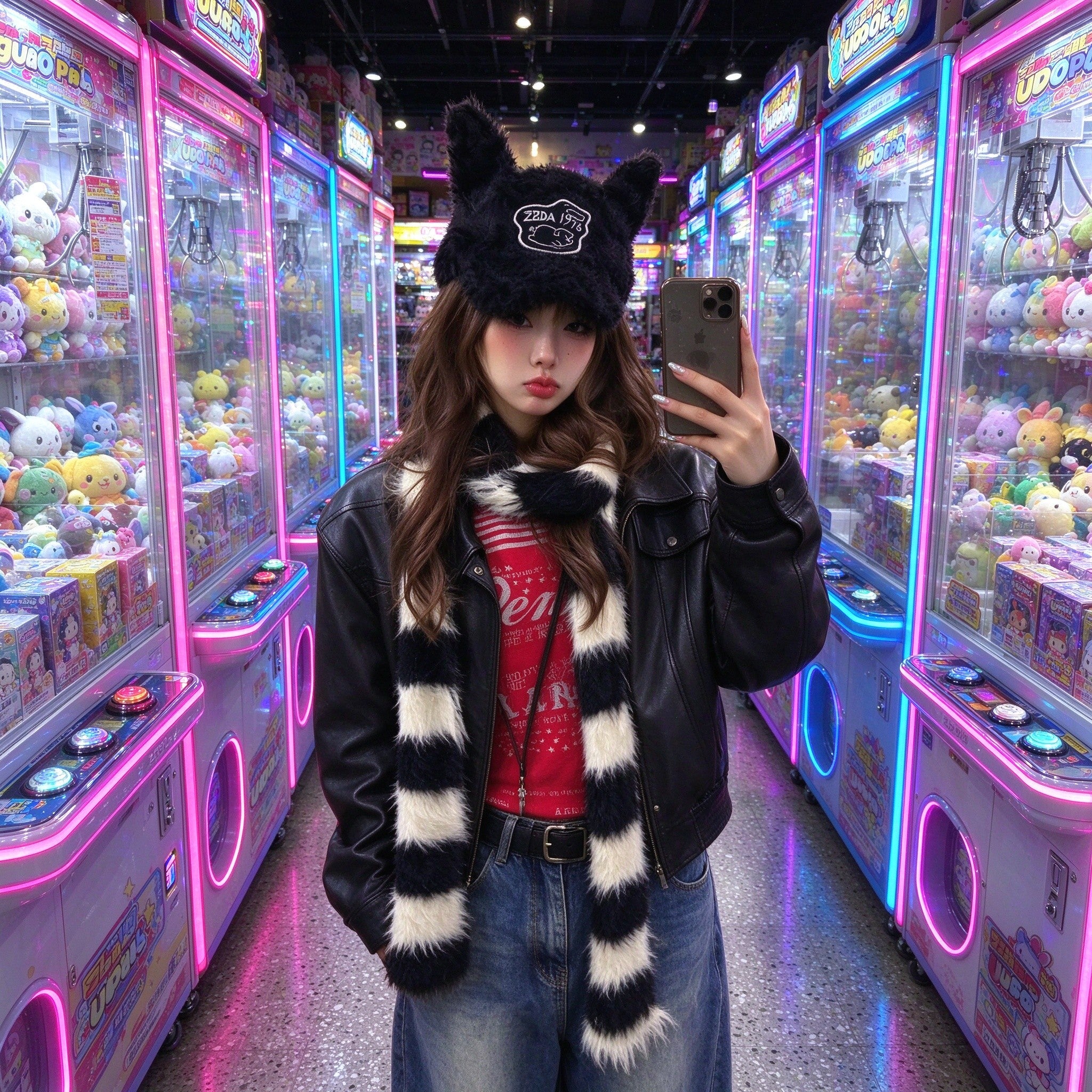 Fuzzy cat ear cap worn at a claw machine arcade