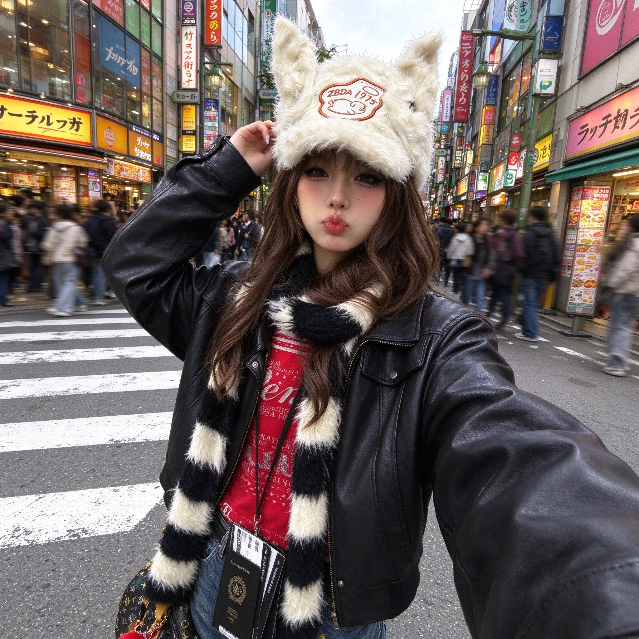 Fuzzy cat ear cap worn on a Harajuku street in daytime