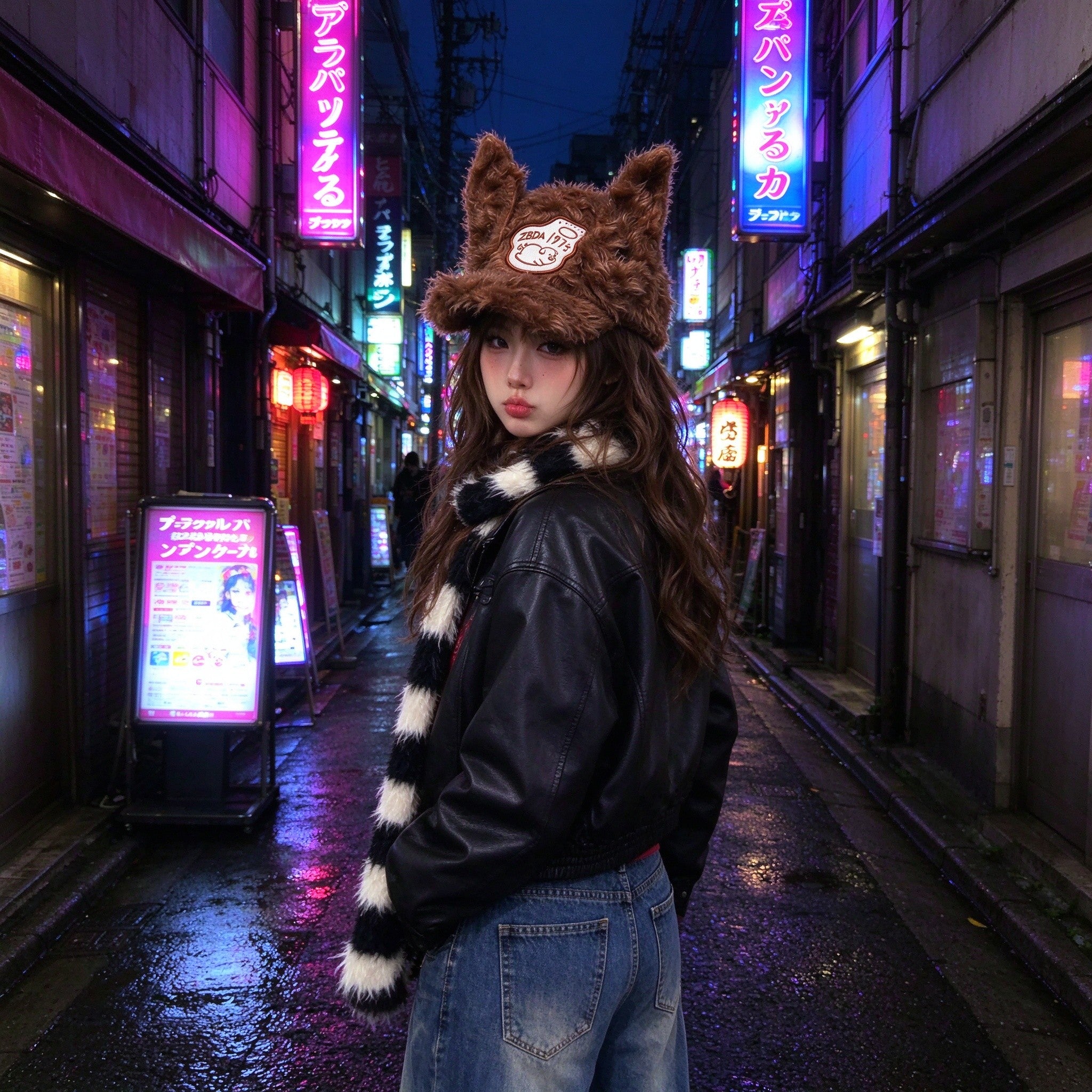 Fuzzy cat ear cap worn on a neon city street at night
