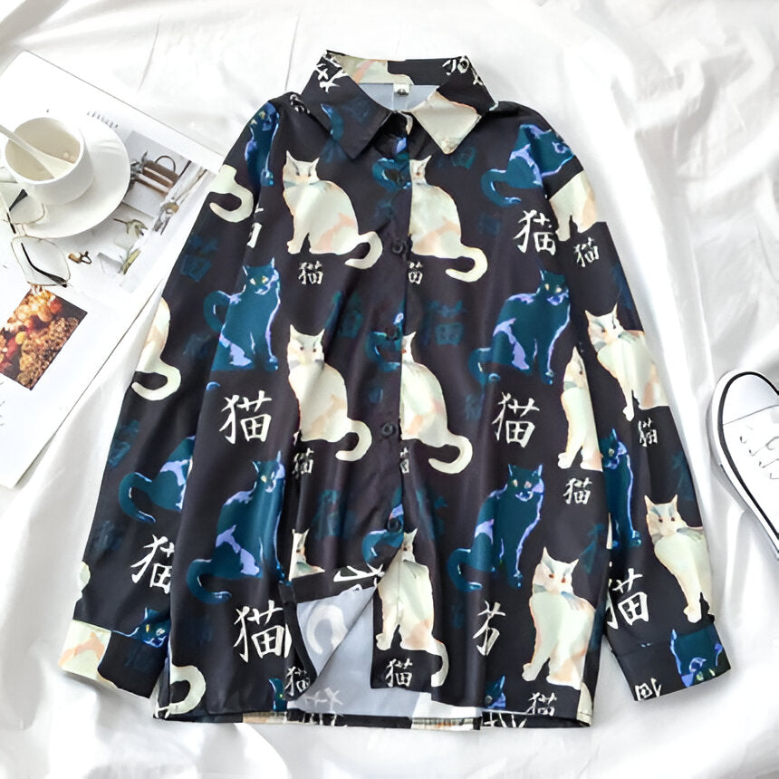 Slim Cut Chiffon Cat Print Shirt