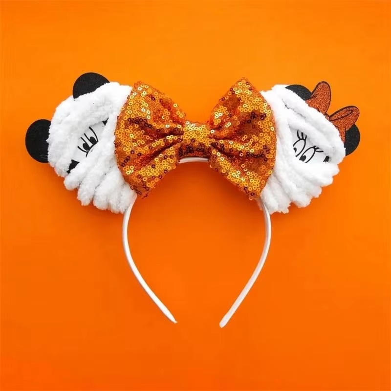 Mummy Mickey Minnie ears headband with sequin bows – spooky-chic Halloween accessory for Disney fans!