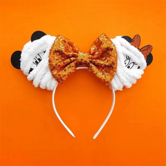 Mummy Mickey Minnie ears headband with sequin bows – spooky-chic Halloween accessory for Disney fans!