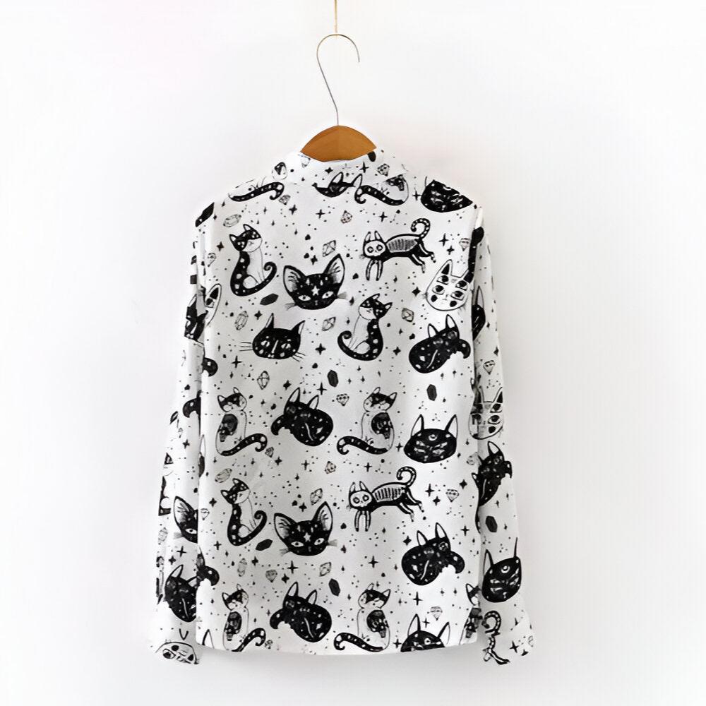 Slim Cut Chiffon Cat Print Shirt