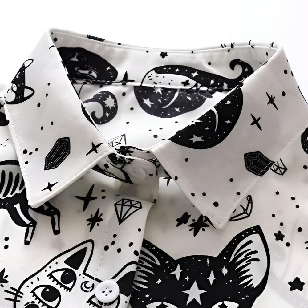 Slim Cut Chiffon Cat Print Shirt