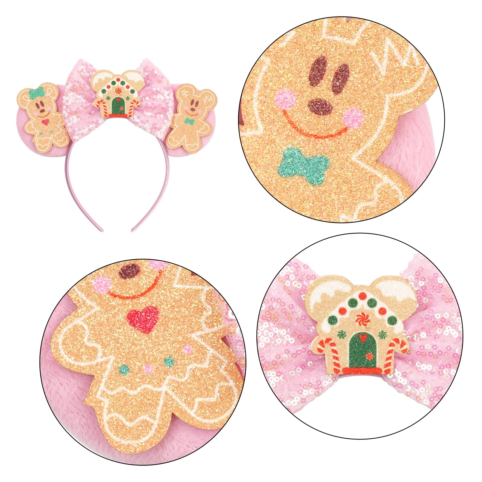 Festive gingerbread ears Christmas headband with cookie characters and holiday bow – cute holiday accessory.
