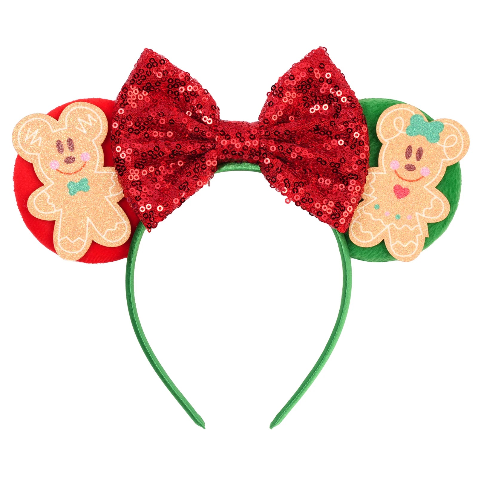 Festive gingerbread ears Christmas headband with cookie characters and holiday bow – cute holiday accessory.