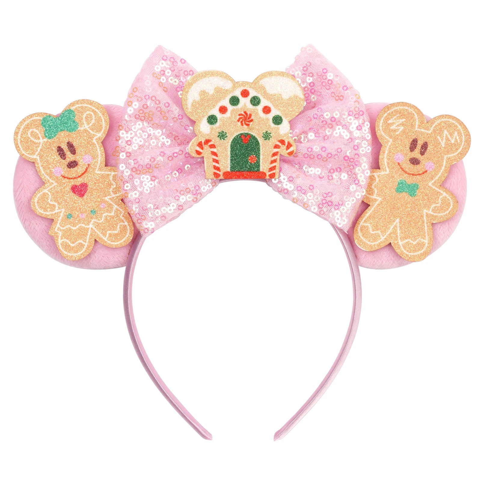 Festive gingerbread ears Christmas headband with cookie characters and holiday bow – cute holiday accessory.