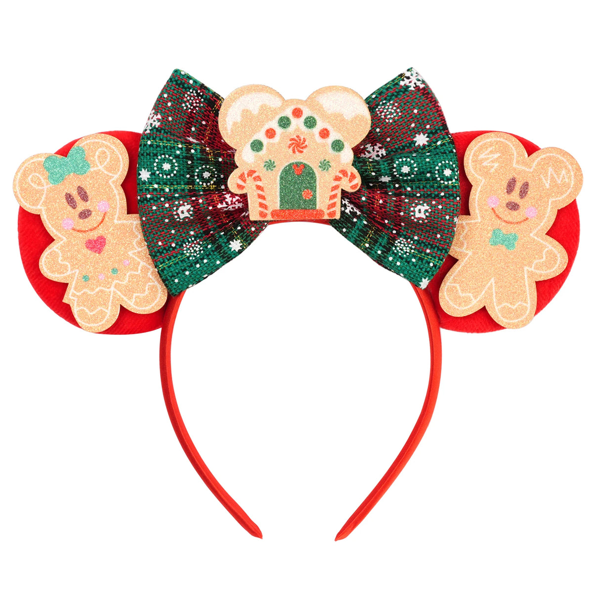 Festive gingerbread ears Christmas headband with cookie characters and holiday bow – cute holiday accessory.