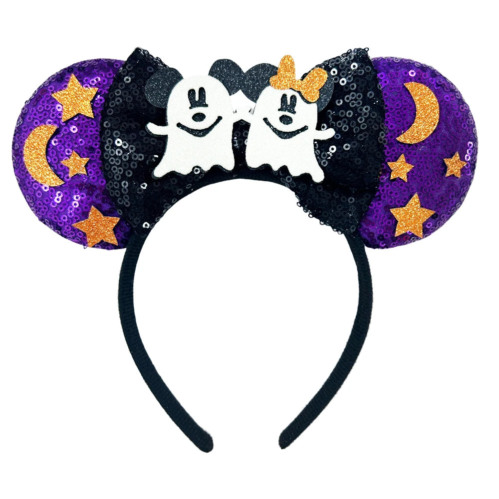 Spooky Mickey Ears Headband with glitter bows – perfect for Halloween costumes and Disney theme park trips!